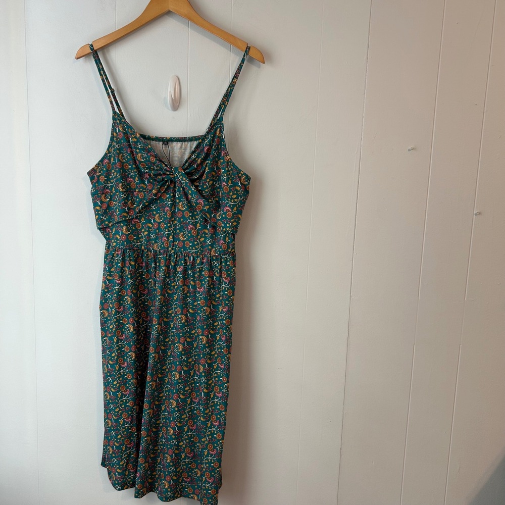 Ouges Teal Floral Print Midi Dress Tie Front Spaghetti Straps Plus Size XXL